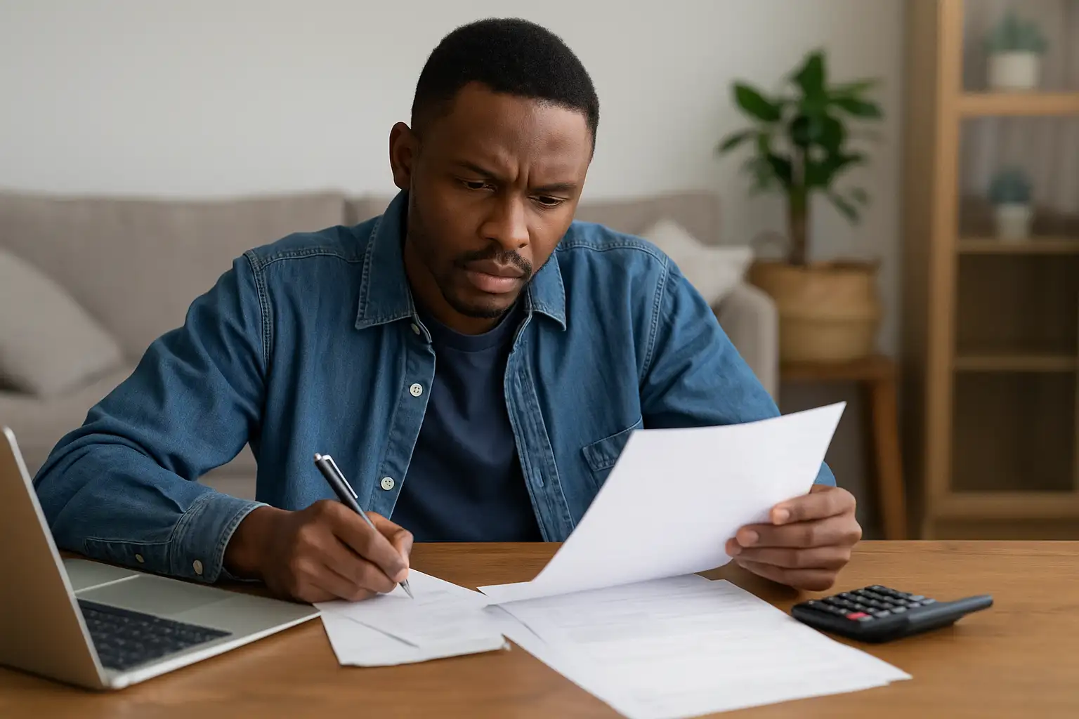 Young man reviewing bills and using a laptop at home, focusing on managing the household budget during inflation.