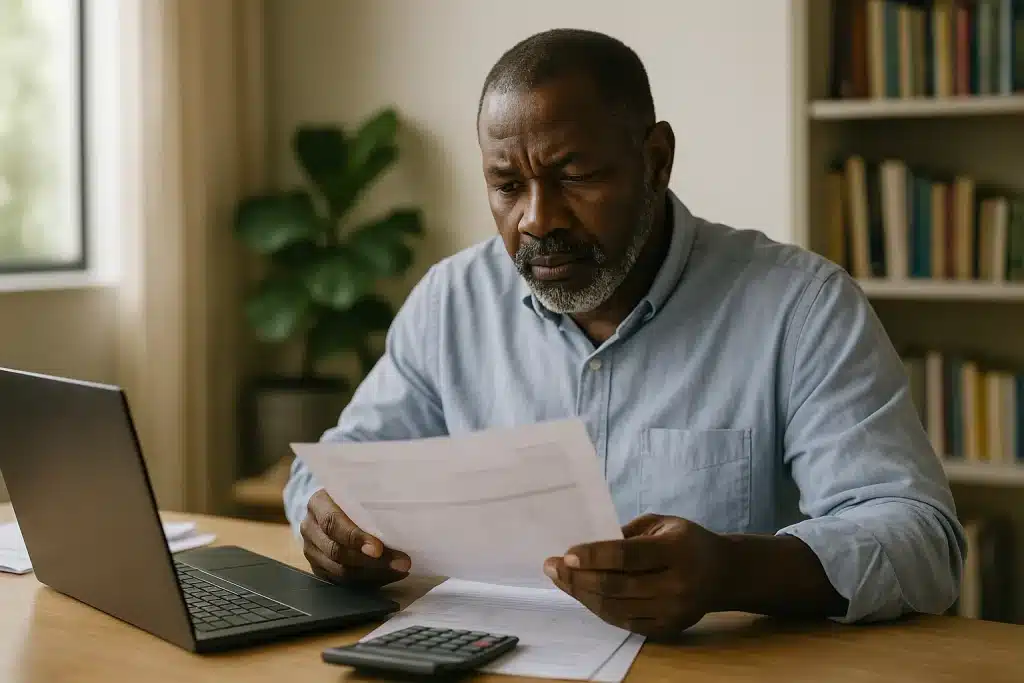 Middle-aged African man planning finances at a wooden table with laptop, papers, and calculator, illustrating informal retirement.