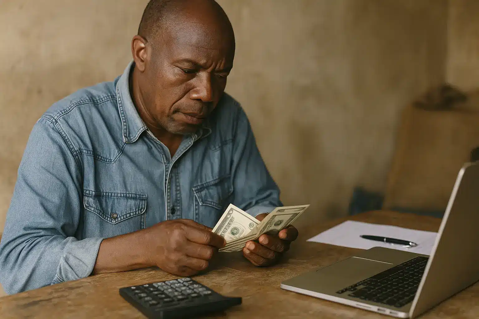 Older African man counting US dollar bills at a wooden table with laptop, calculator, and documents, representing informal retirement.
