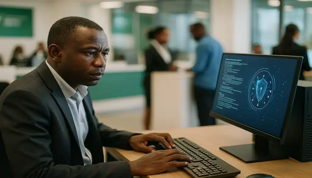 African banker using AI system to monitor transactions and prevent financial fraud in a modern bank office.