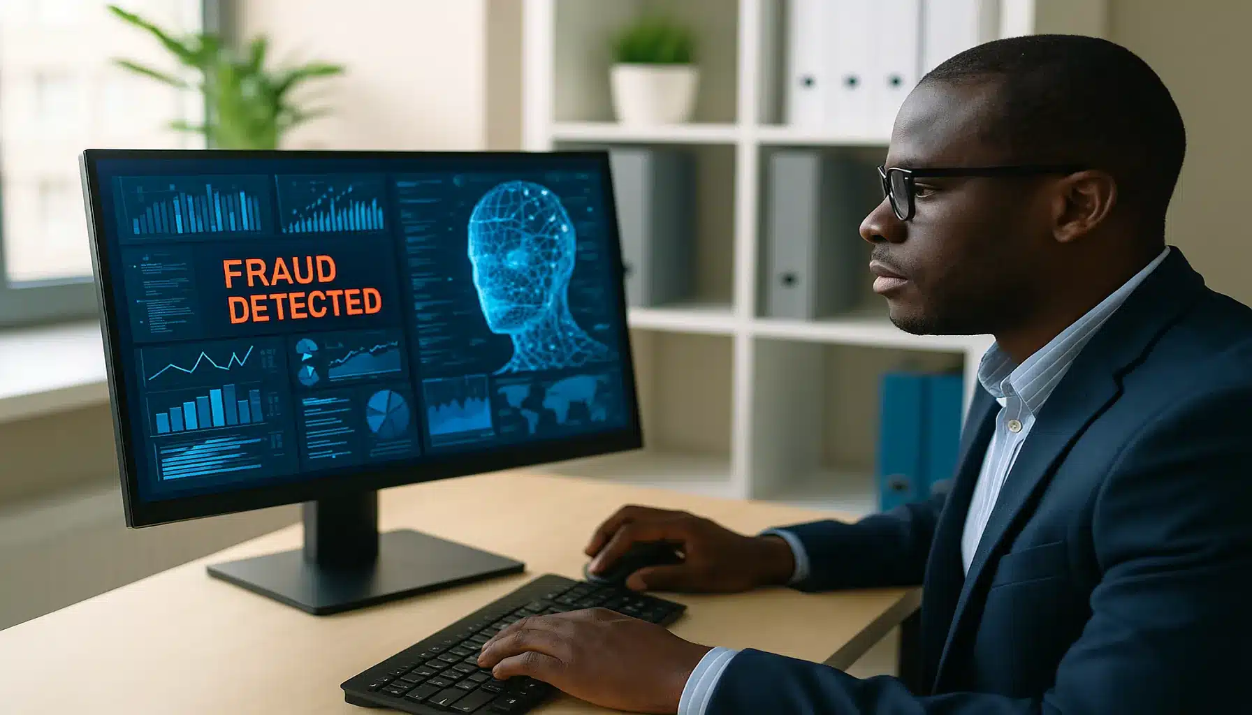 African financial analyst applying AI technology for fraud detection on a secure banking computer system.