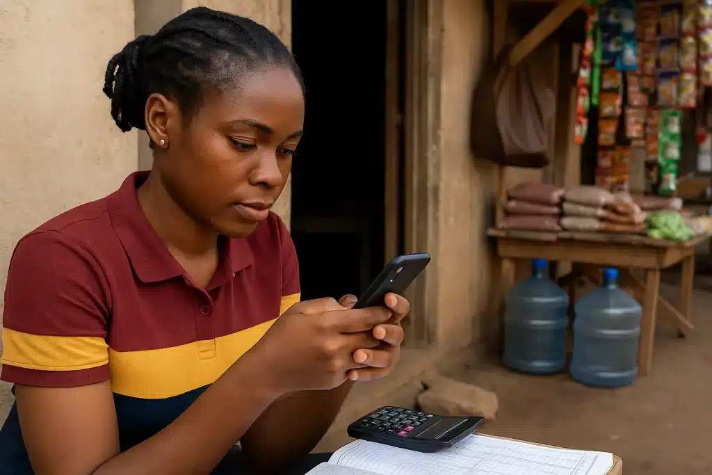 "Young African woman with braids using a smartphone and calculator outside a small shop, representing savings strategies in the informal economy."