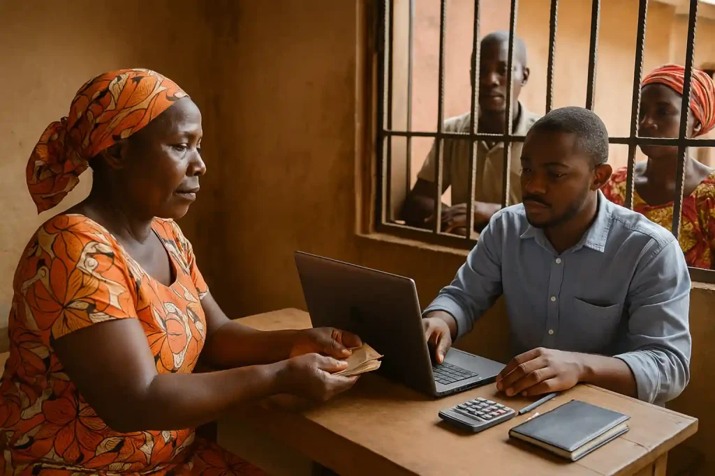 A woman exchanging money with a banker in a rural setting, highlighting how community banks in rural Africa provide access to financial services and empower local communities.