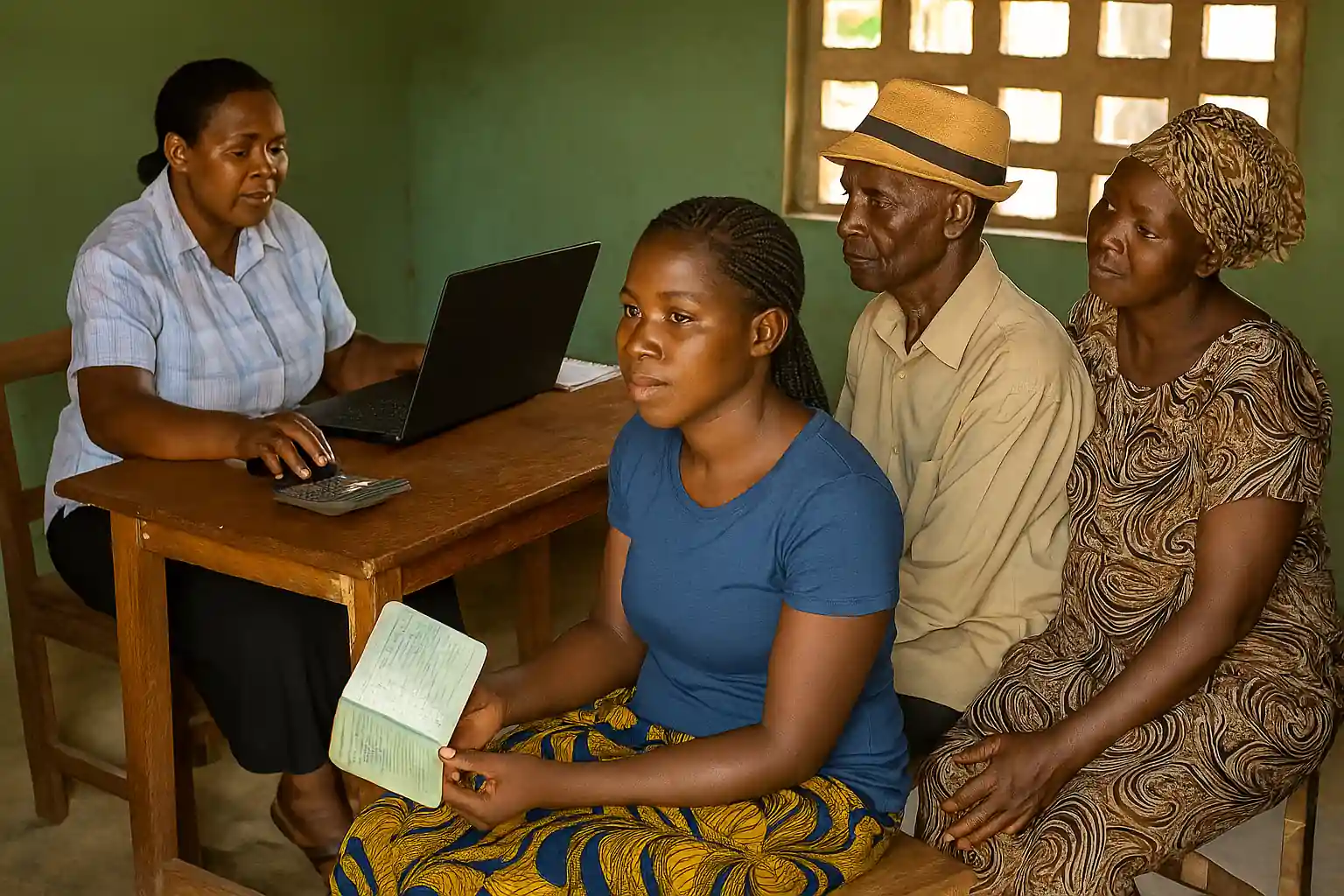 A group of people receiving financial services inside a modest office, symbolizing the role of community banks in rural Africa in supporting inclusion and autonomy.