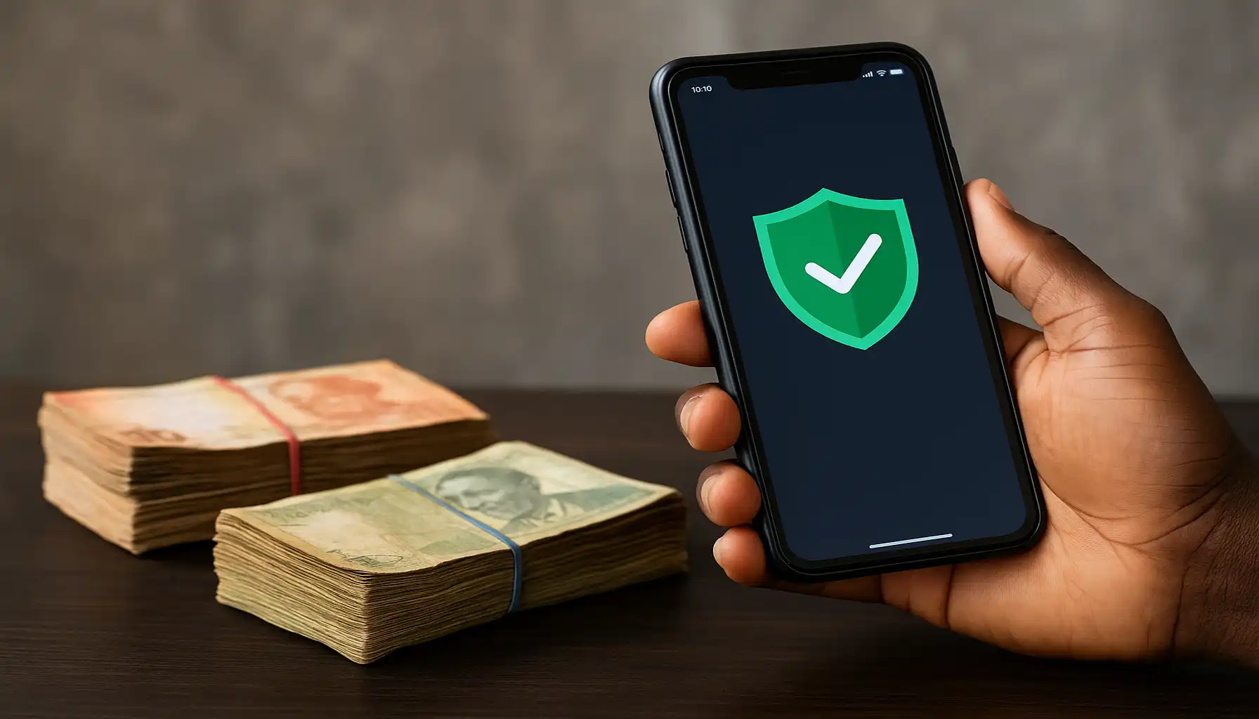African hand holding a smartphone displaying a green shield with a checkmark, symbolizing mobile money security, beside stacks of banknotes.