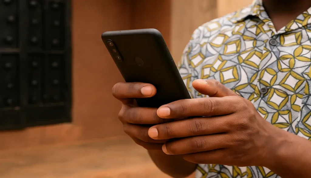 African hands holding a black smartphone, symbolizing mobile money use and security, with a patterned shirt in the background.