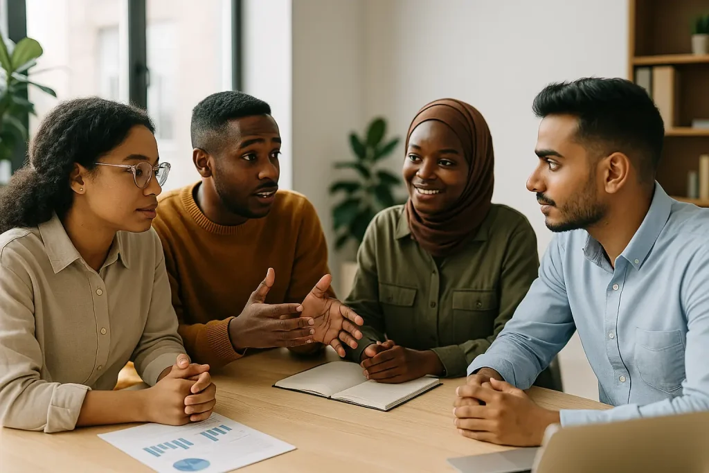 Young entrepreneurs collaborating with a financial mentor in a professional office setting, symbolizing support from banking programs for young entrepreneurs.