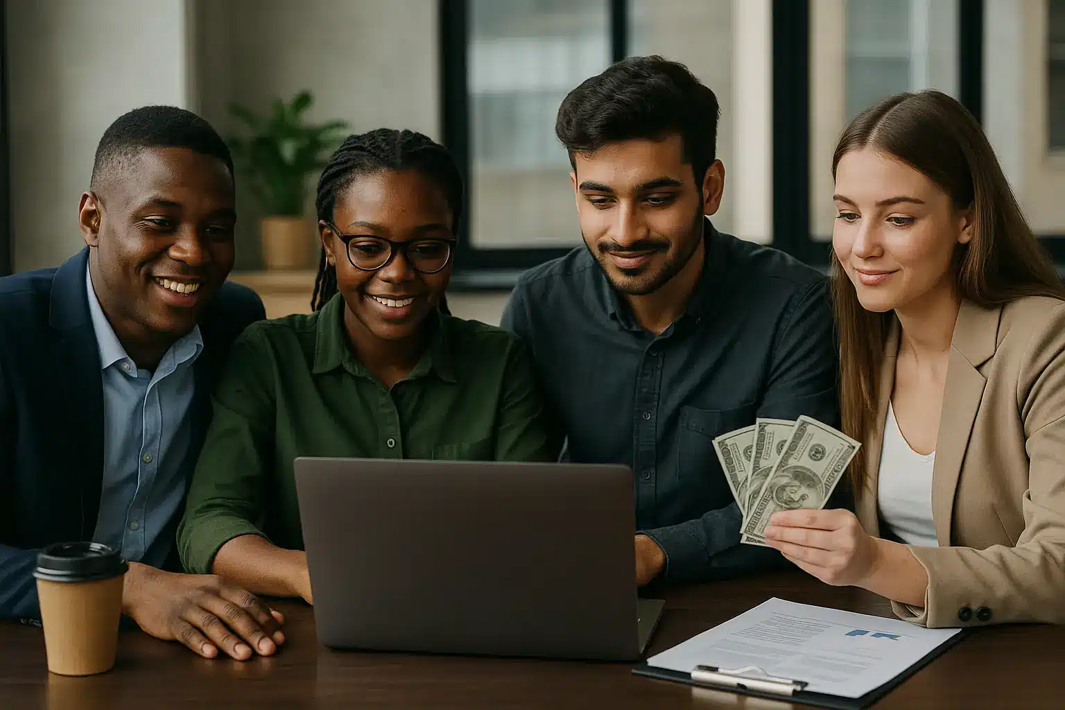A group of young entrepreneurs discussing startup ideas with a bank advisor in a modern office, representing banking programs for young entrepreneurs.