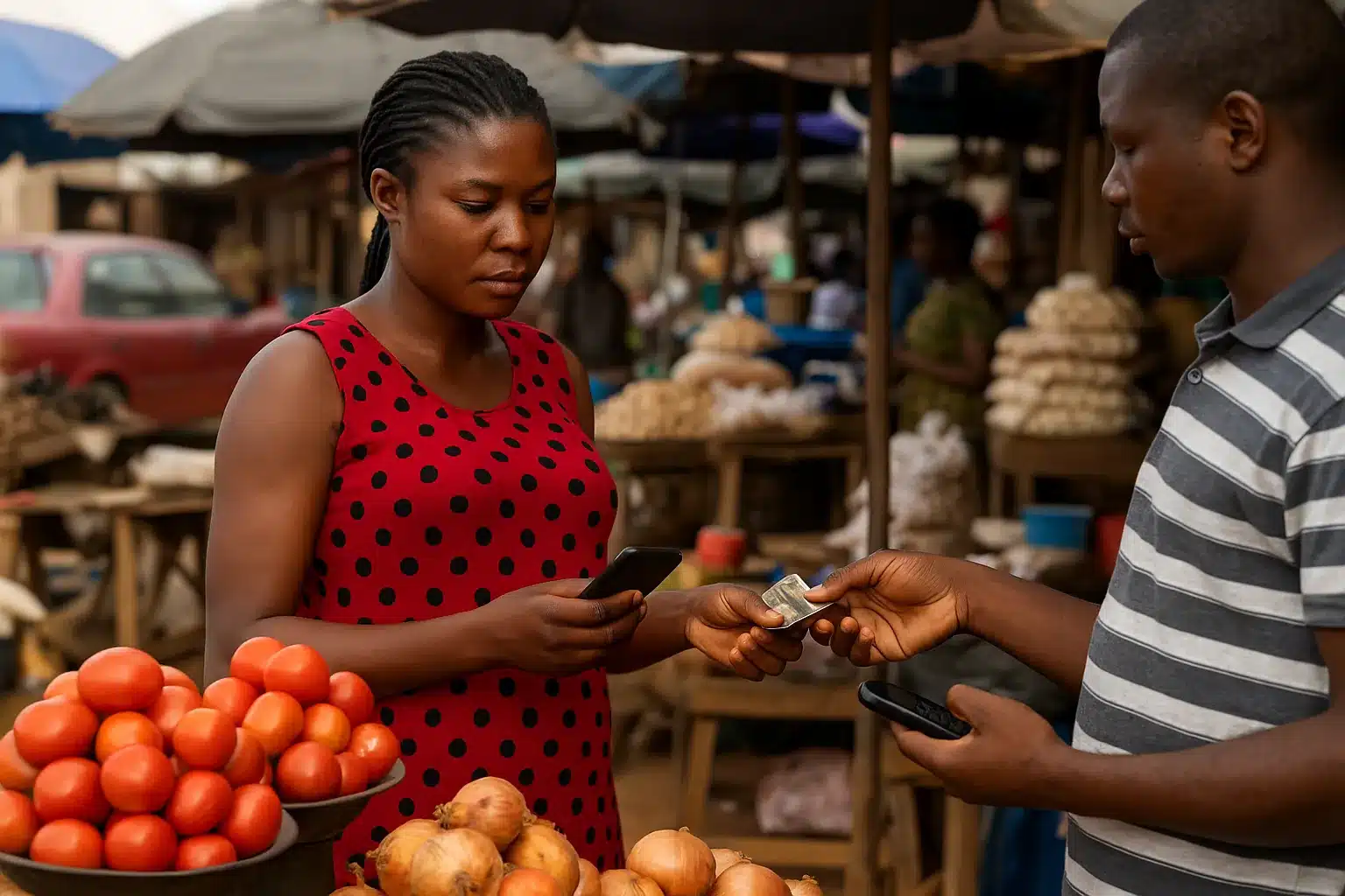 "African street market scene showing a woman in a red polka dot dress using a smartphone while trading fresh tomatoes and onions, illustrating informal economy practices."