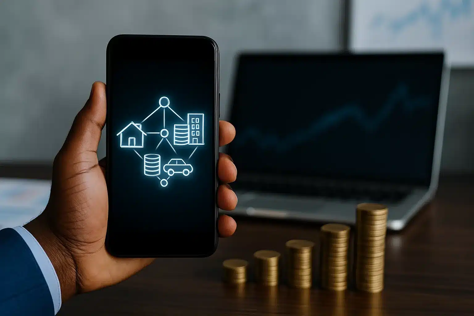 "Hand holding a smartphone showing digital icons of real estate, coins, and assets connected on a blockchain, symbolizing asset tokenization."