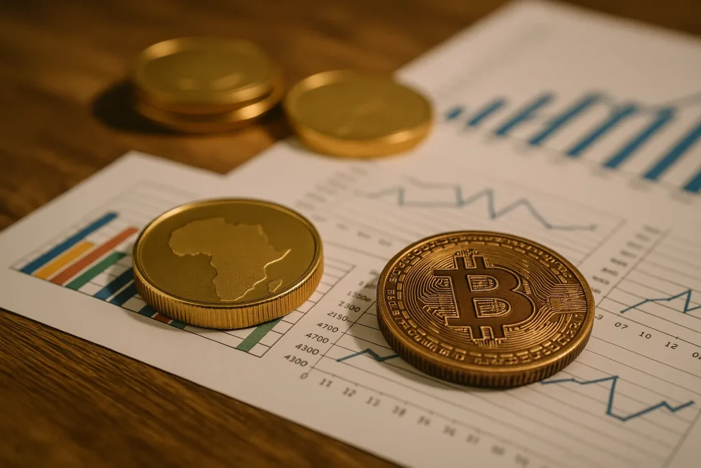 "Close-up of gold and Bitcoin tokens placed on financial charts with Africa map detail, representing asset tokenization in global markets."