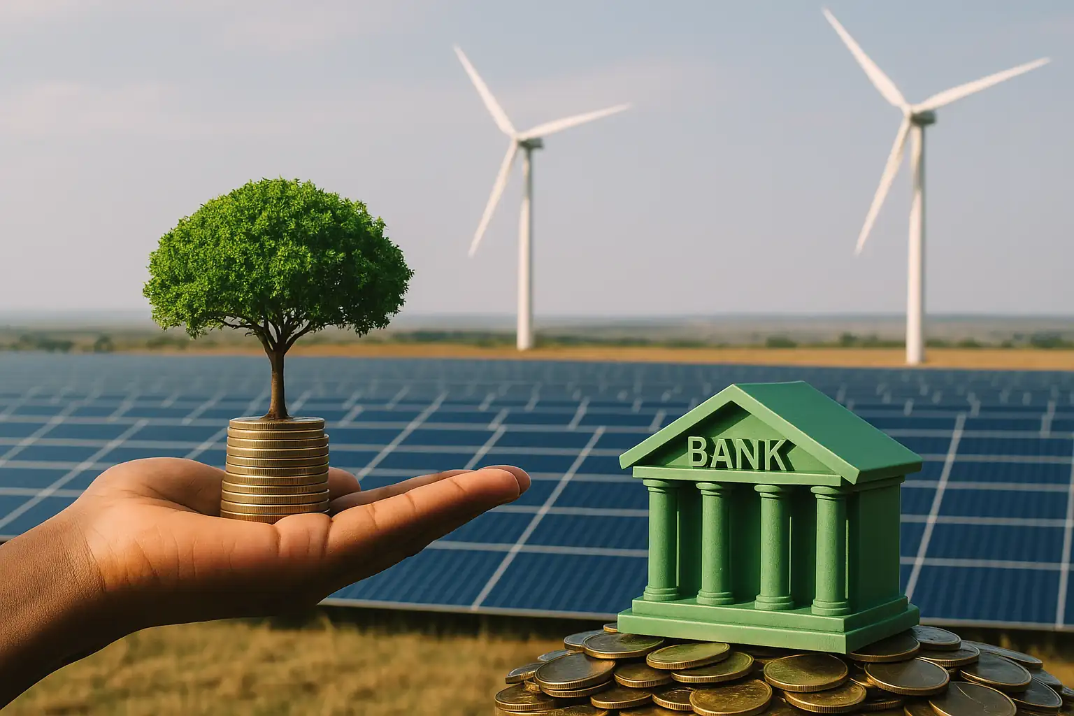 Hand holding coins with a tree symbolizing green finance, a bank model, solar panels and wind turbines in Africa addressing the climate crisis.