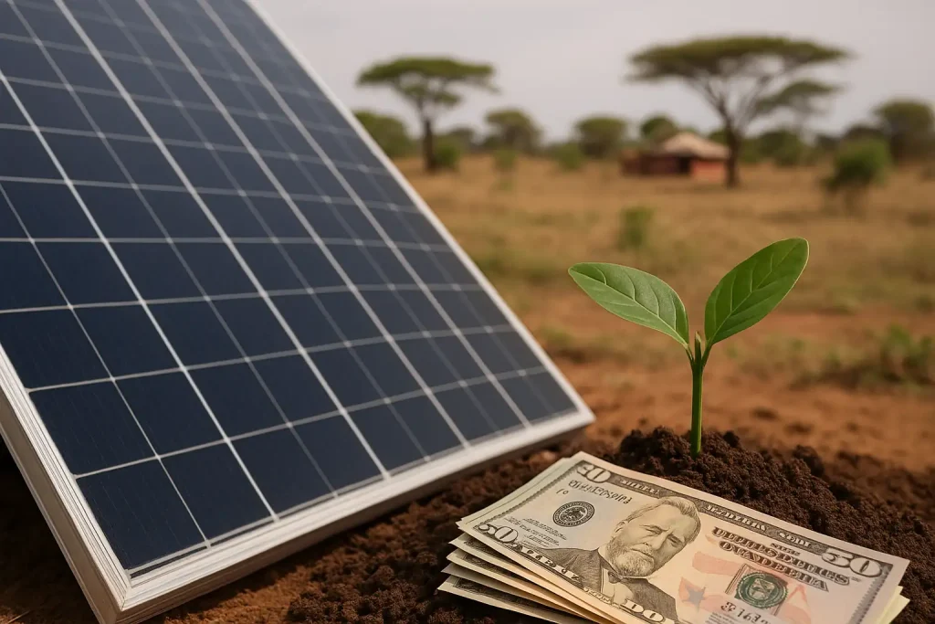 Solar panel beside seedling and money in African landscape, representing banks investing in renewable energy to fight the climate crisis.