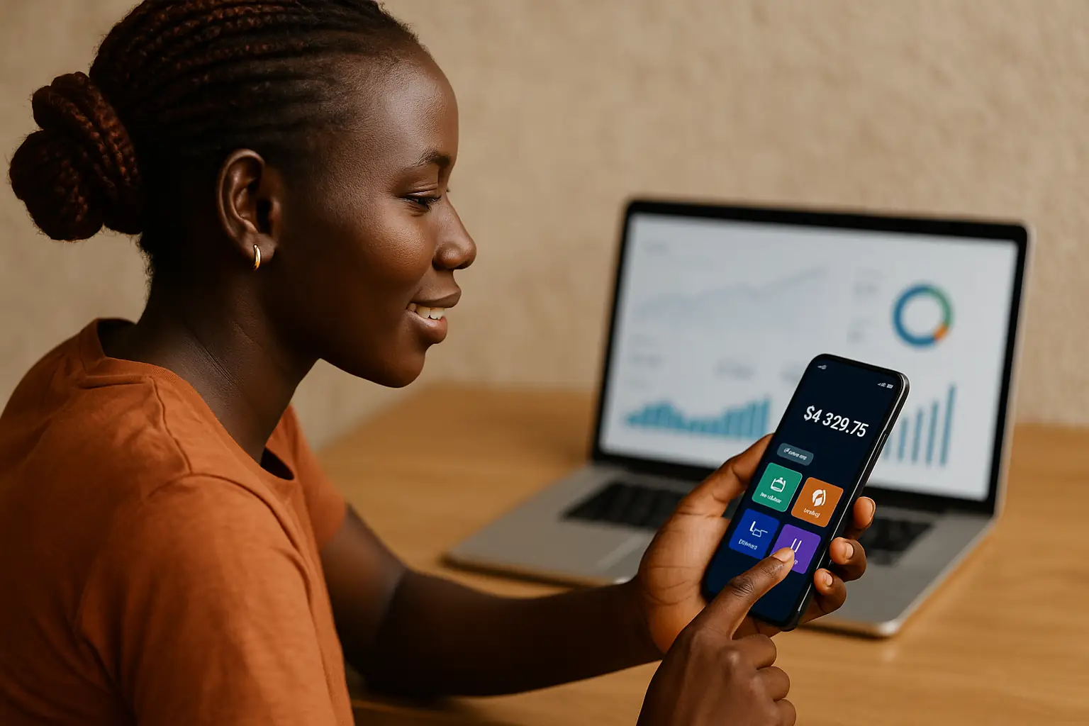 A young African woman using personal finance apps on her smartphone while checking financial charts on a laptop, representing digital financial empowerment.