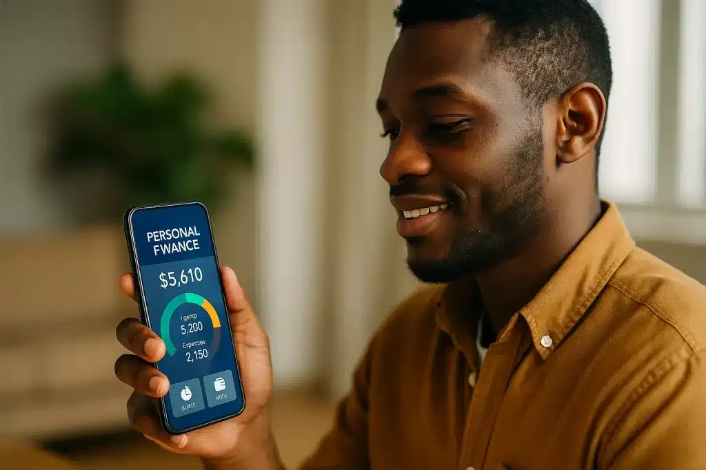 A young African man smiling while using personal finance apps on his smartphone to track income and expenses, symbolizing financial inclusion in Africa.
