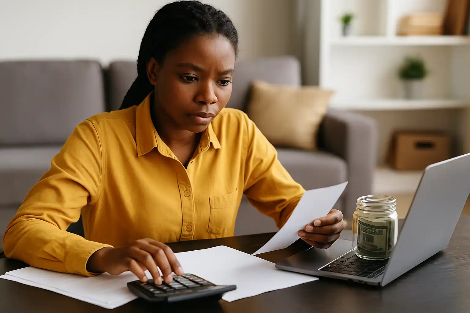 A young African woman focused on personal finance, using a calculator and laptop at home to manage expenses during uncertain times.