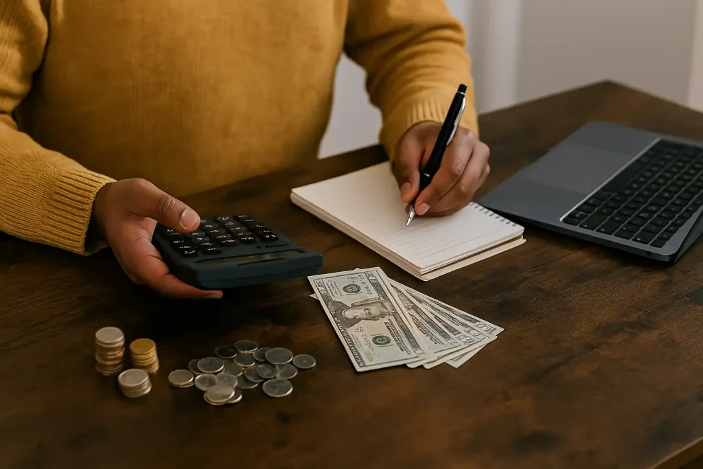 A man reviewing personal finance with a calculator, notebook, and laptop on a wooden table, surrounded by money and coins.