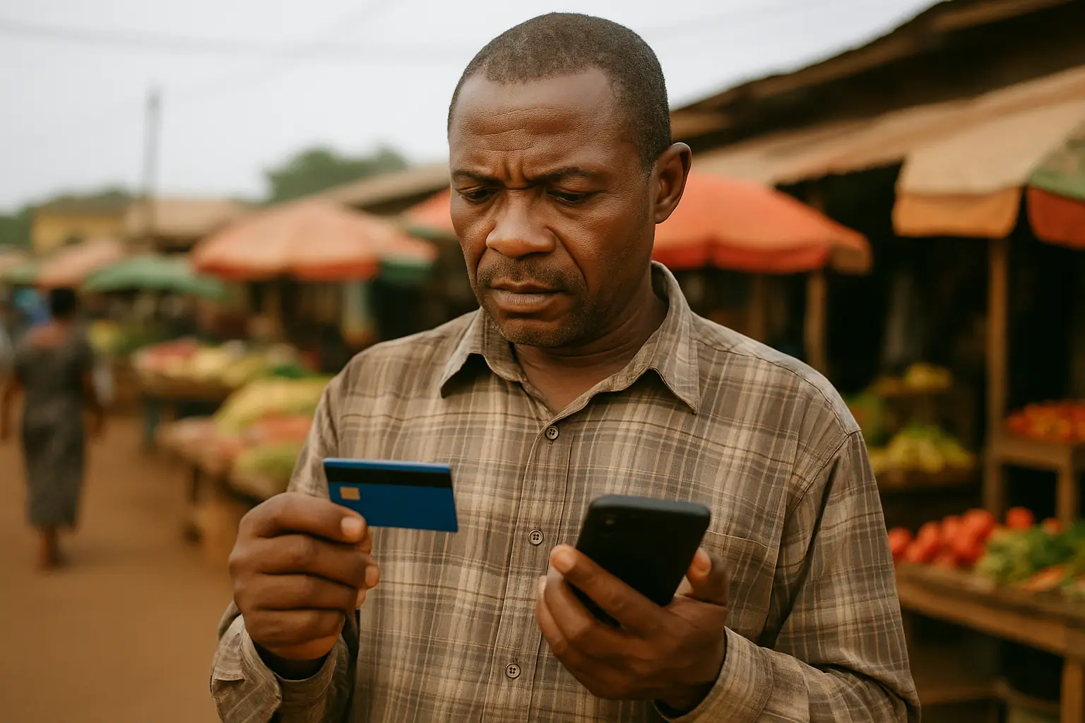 An informal worker using a smartphone and inclusive credit cards in Africa to manage digital payments in a vibrant outdoor market.