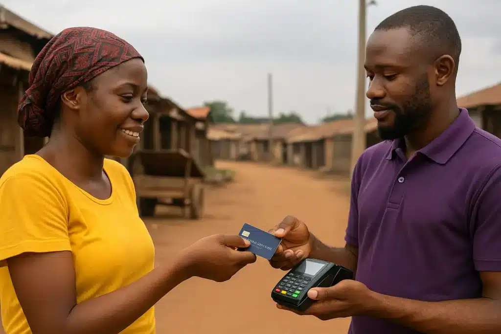 African vendors exchanging inclusive credit cards in Africa at a local market, symbolizing financial inclusion and empowerment among informal workers.