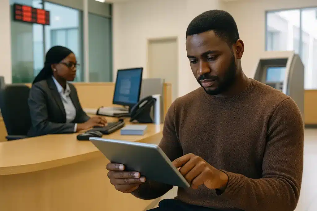African bank branches transforming into digital hubs with customers using tablets and modern banking technology inside a bright, professional space.