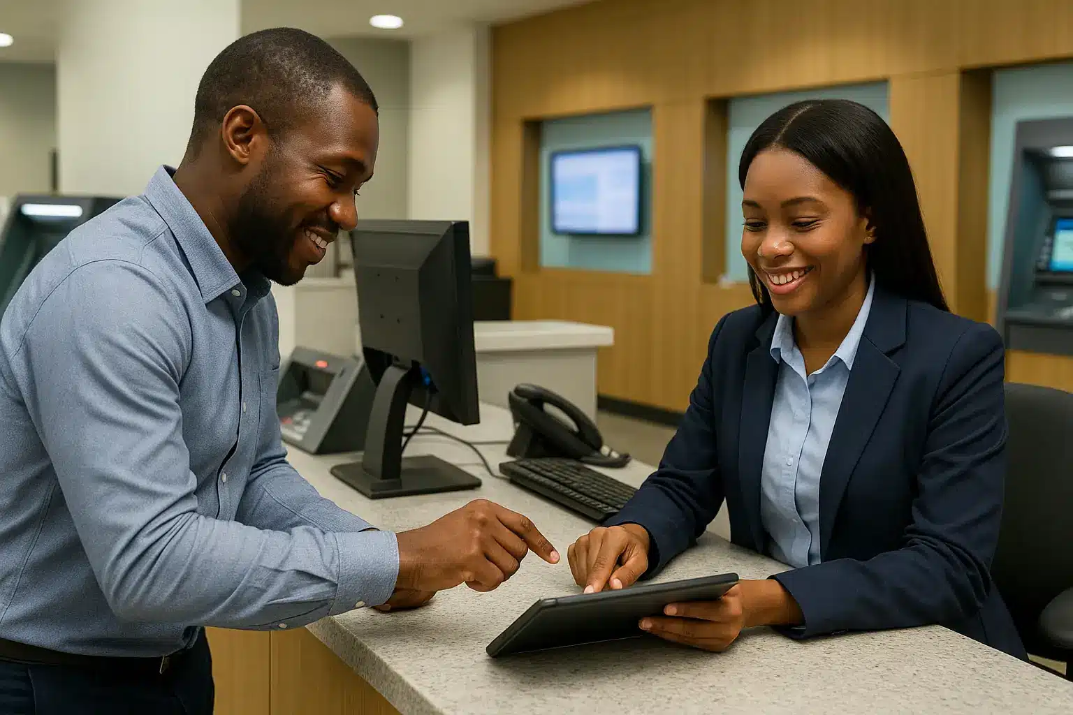 Inside African bank branches, a customer and teller interact using digital devices, reflecting the shift from traditional service to modern digital banking.