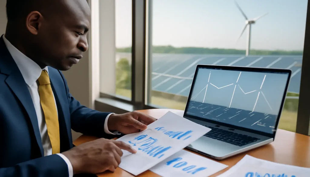 A professional African banker reviewing clean energy investment data on a laptop, symbolizing African banks’ role in sustainable finance.