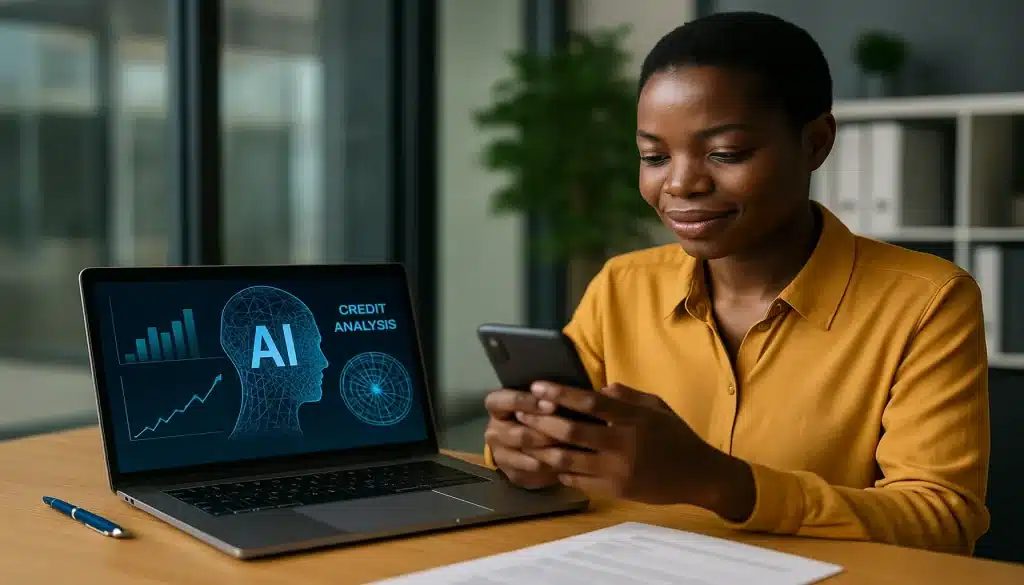 A realistic photo of an African woman working in a modern office, representing African banks and artificial intelligence in digital finance innovation.