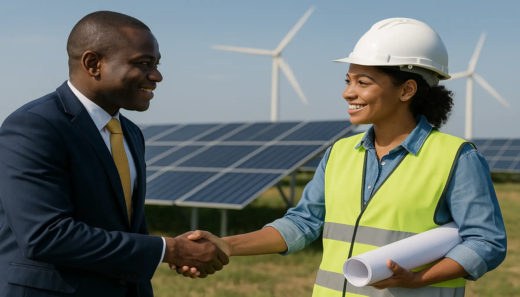 An African banker and engineer shaking hands at a solar and wind energy site, representing African banks funding renewable projects across Africa.