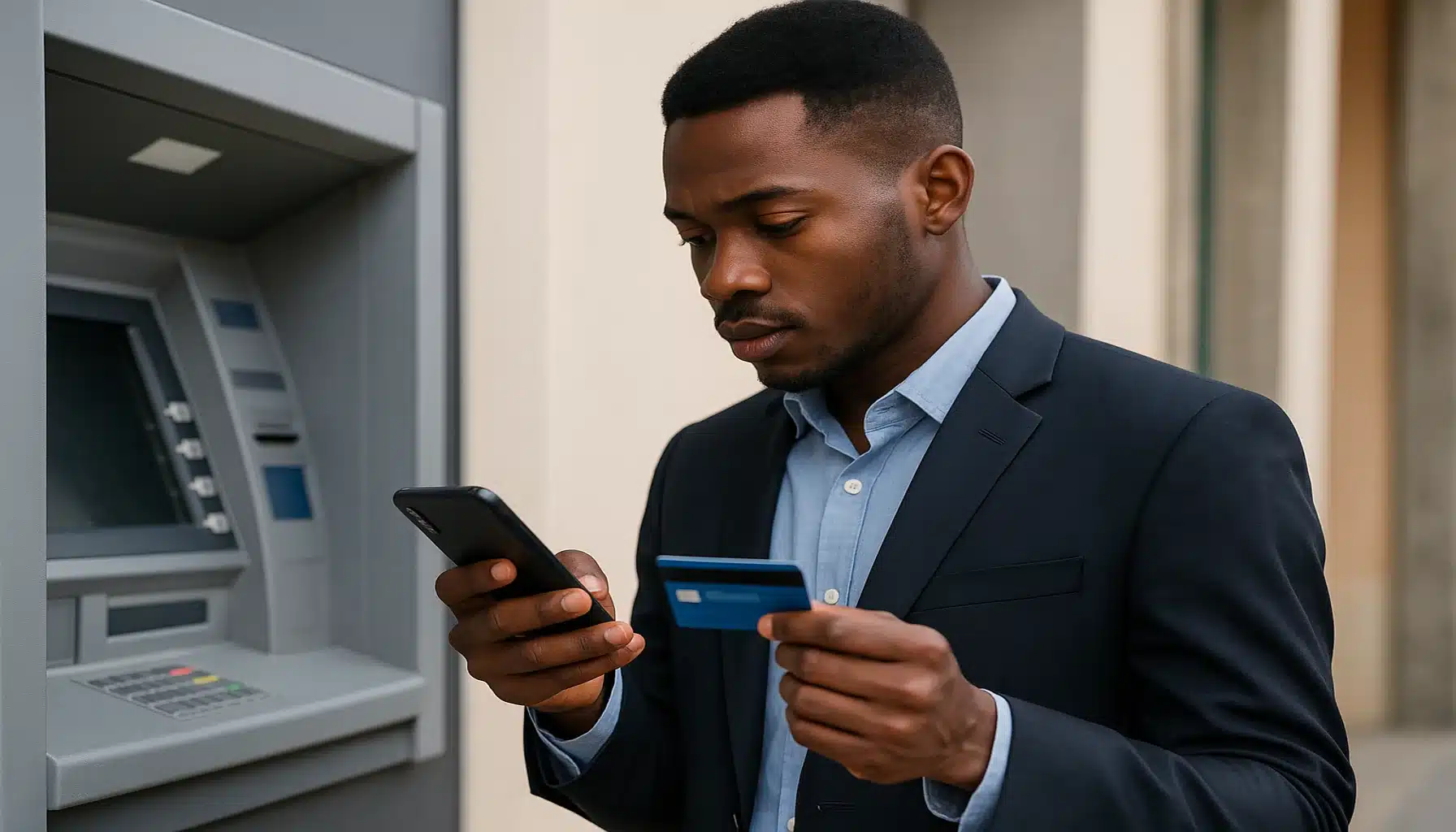 A realistic image of an African man using a credit card and smartphone near an ATM, symbolizing African banks and artificial intelligence in modern banking services.