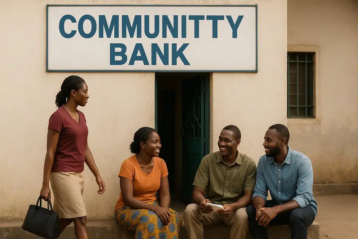 A group of four adults is gathered outside a small community bank building. One woman is standing with a black handbag, while another woman sits on the step next to two men who are smiling and talking. The scene takes place in front of a beige wall with a large sign reading “Community Bank.” The relaxed interaction portrays a friendly, accessible community banks environment
