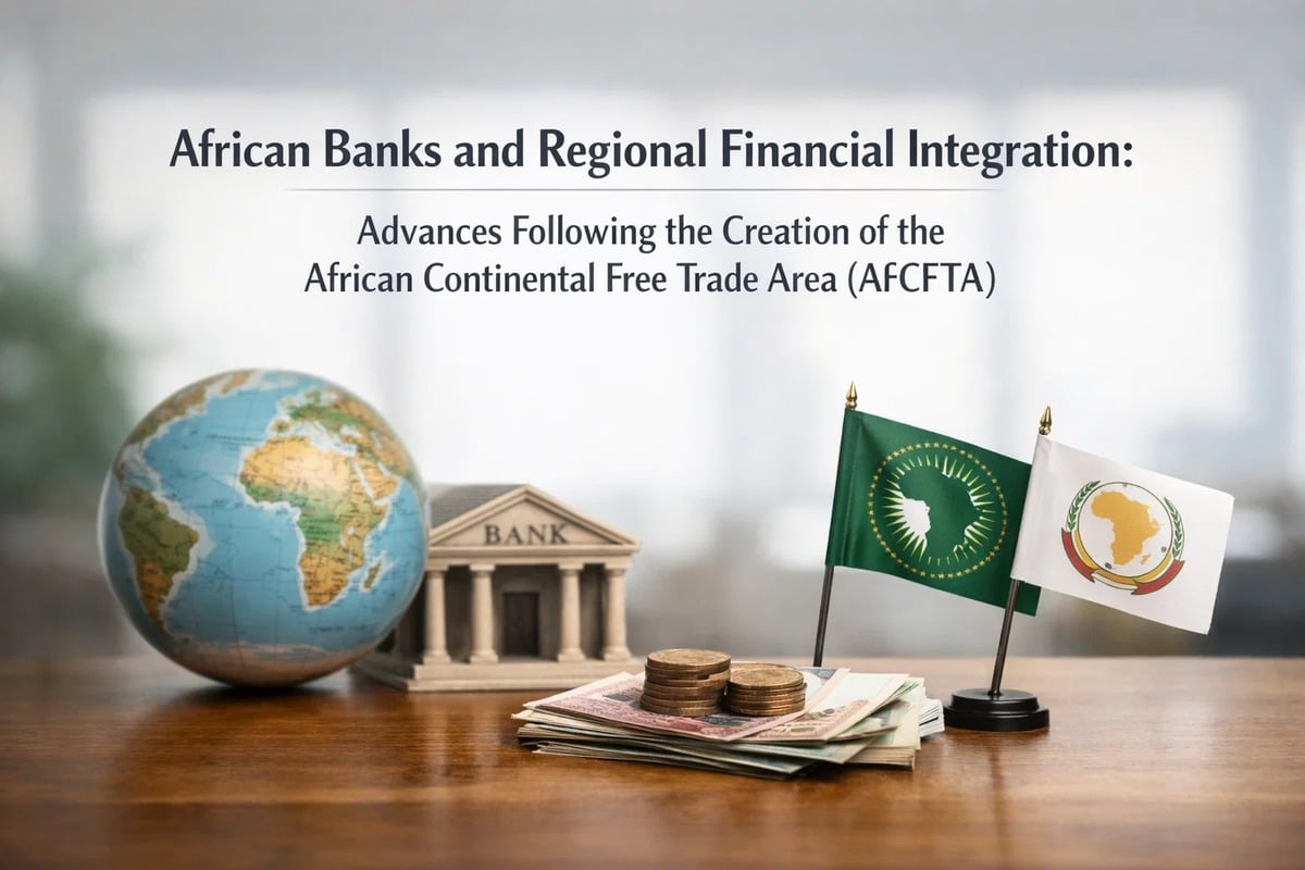 Image illustrating African banks and regional financial integration, showing a globe focused on Africa, a classical bank building, stacks of currency and coins, and the flags of the African Union and AfCFTA, symbolizing the role of banks in strengthening economic cooperation and financial development across the African continent.