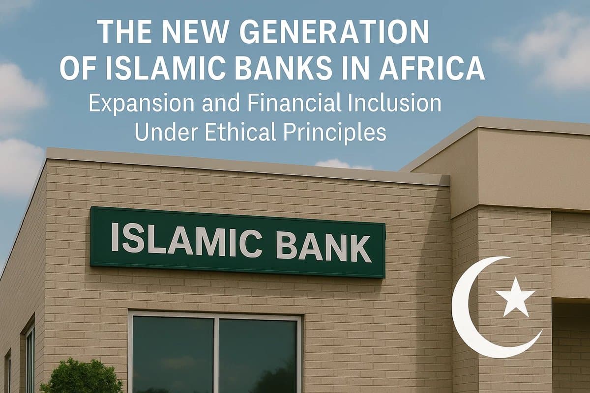 A photograph showing the exterior of a beige brick building with a green sign reading ‘Islamic Bank’ above its entrance. Above the building, large white text states ‘The New Generation of Islamic Banks in Africa: Expansion and Financial Inclusion Under Ethical Principles.’ The sky is blue with scattered clouds, and a white crescent moon with a star symbol appears on the right side of the image. The scene visually represents modern ethical financial institutions and the evolution of Islamic banks across Africa.