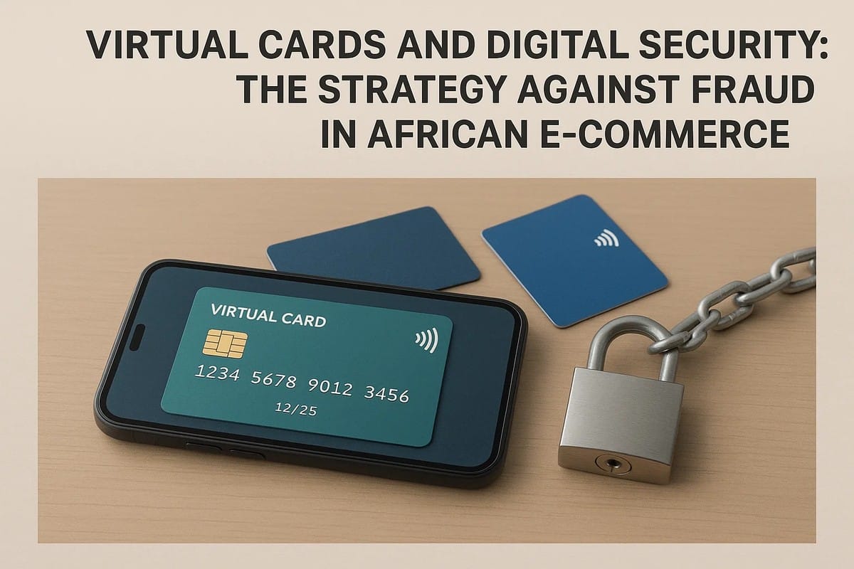 A digital illustration showing a smartphone placed on a wooden surface, displaying a green virtual card with numbers and a chip icon on its screen. Beside it, two blue contactless cards rest on the table, while a metal padlock attached to a chain symbolizes online payment protection. At the top of the image, the title ‘Virtual Cards and Digital Security: The Strategy Against Fraud in African E-Commerce’ is prominently displayed. The scene visually represents how virtual payment tools and enhanced security measures protect users when using credit cards for online transactions.