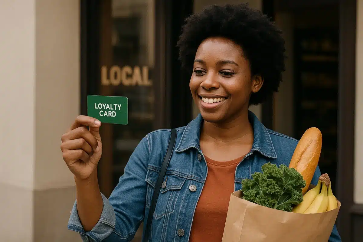 A smiling woman holding a green loyalty card in front of a grocery store, while carrying a paper bag filled with fresh produce such as bananas, lettuce, and bread; the scene represents local shopping rewards programs and how credit cards and loyalty systems offer everyday benefits.