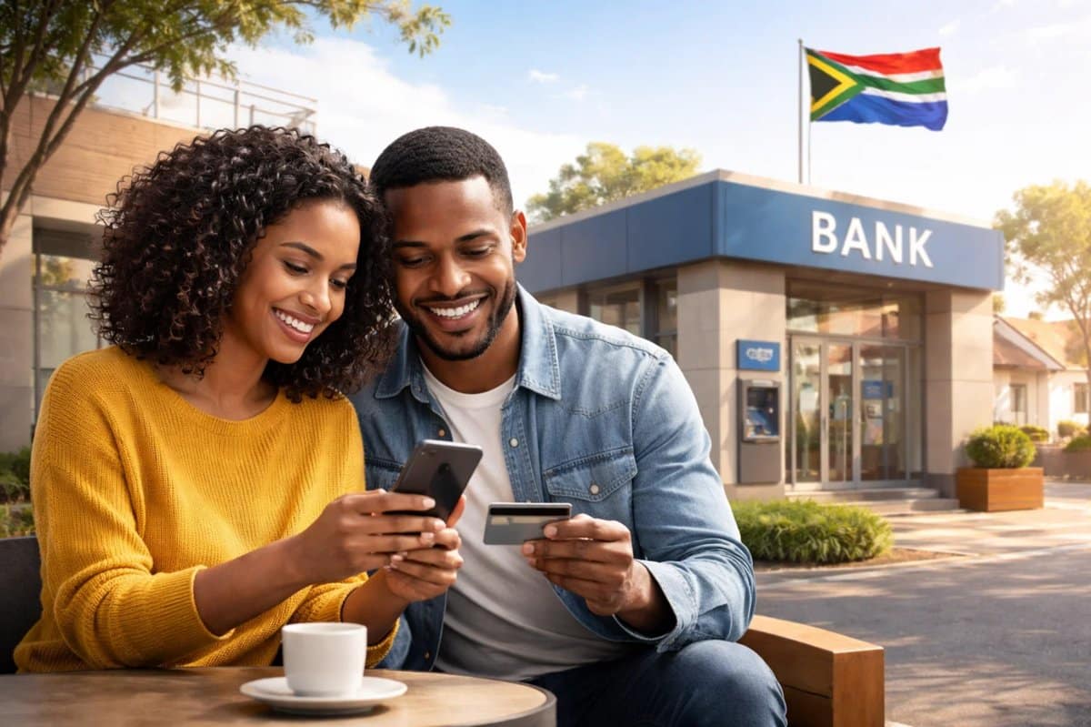 Smiling middle-income couple in South Africa using a smartphone and a bank card at an outdoor café, with a bank branch and the South African flag in the background, illustrating the evolution of banks and digital banking services for middle-income households in South Africa.