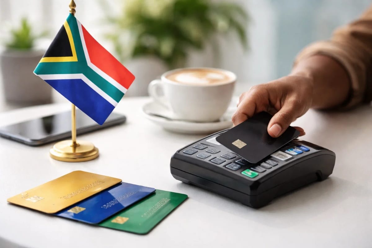 A close-up scene of credit cards being used on a payment terminal next to a small South African flag, with multiple credit cards laid out on a table and a cup of coffee in the background, illustrating smart financial decisions and how consumers evaluate credit cards in South Africa beyond just the available credit limit.